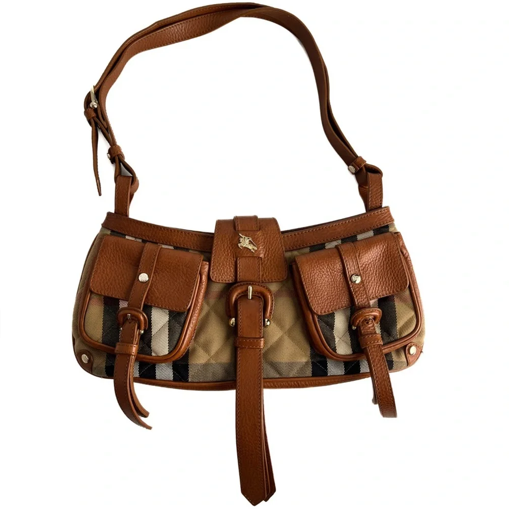 BURBERRY Satchel Canvas Check Shoulder Bag Caramel - Picture 5 of 15